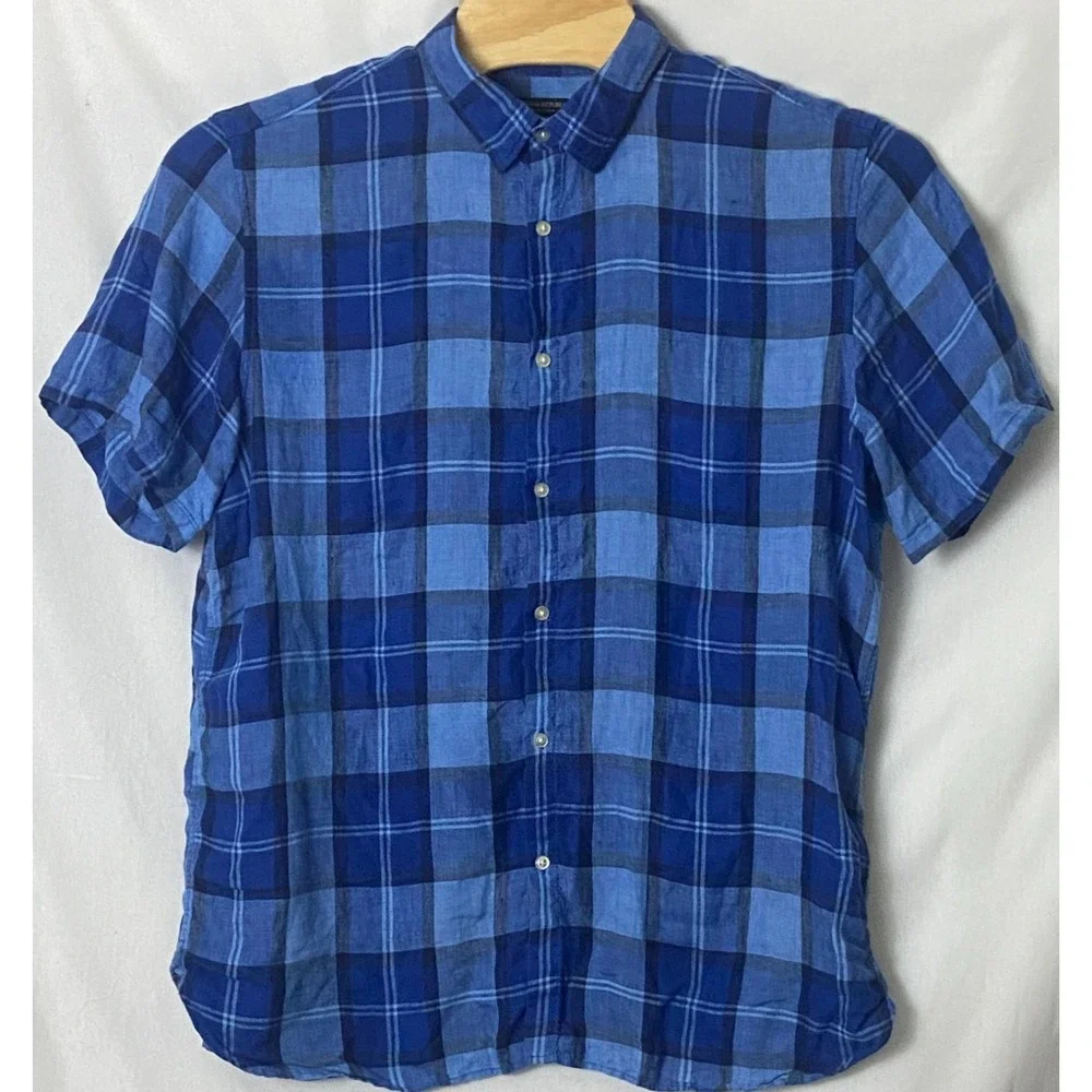 Banana Republic Linen Blue Plaid Shirt‎ Short Sleeve Camden Fit Button Up Sz XL